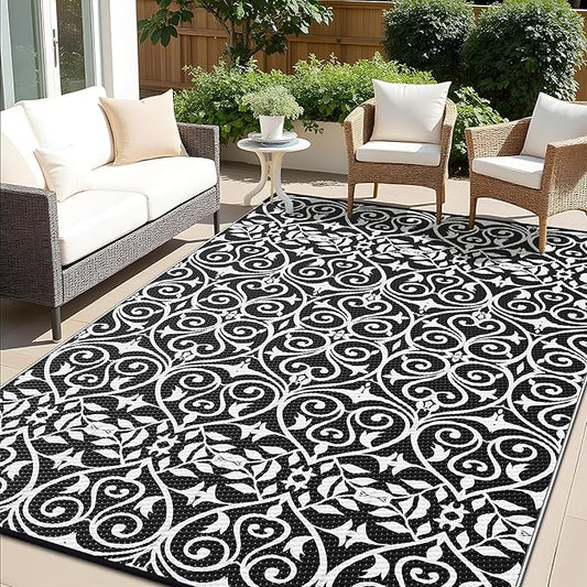 OLANLY Outdoor Rug Waterproof 6x9 ft Clearance, Reversible Outdoor Plastic Straw Rug with Floral Pattern, RV Mat for Patio, Camping, Balcony, Deck, Backyard, Black & White