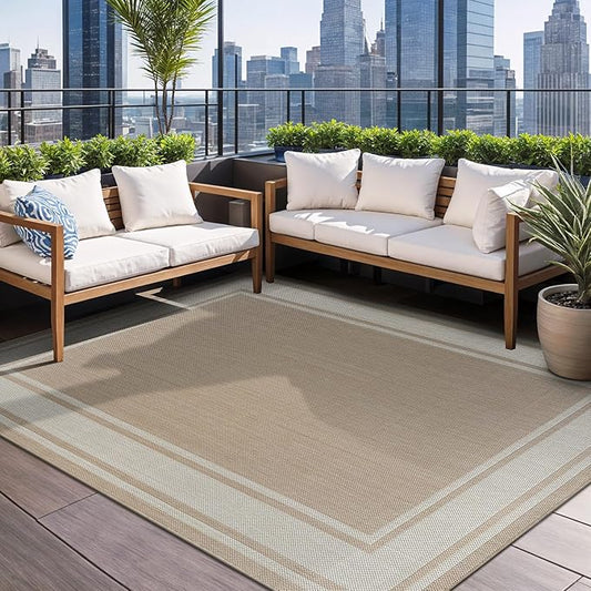 Beverly Rug Large Outdoor Rug 9x12 Modern Bordered Area Rugs for Indoor and Outdoor Patio Deck Porch Garden Waterproof Weather Sun Resistant Washable Outside Carpet (9 x 12 Beige)
