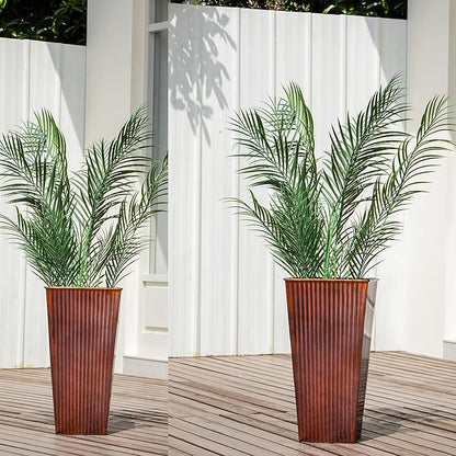 22in Vintage Handmade Metal Vertical Lines Copper Tapered Planters,Planter Box with Drainage Holes and Saucer -Set of 2, Galvanized Steel Planter for Indoor/Outdoor/Porch/Garden