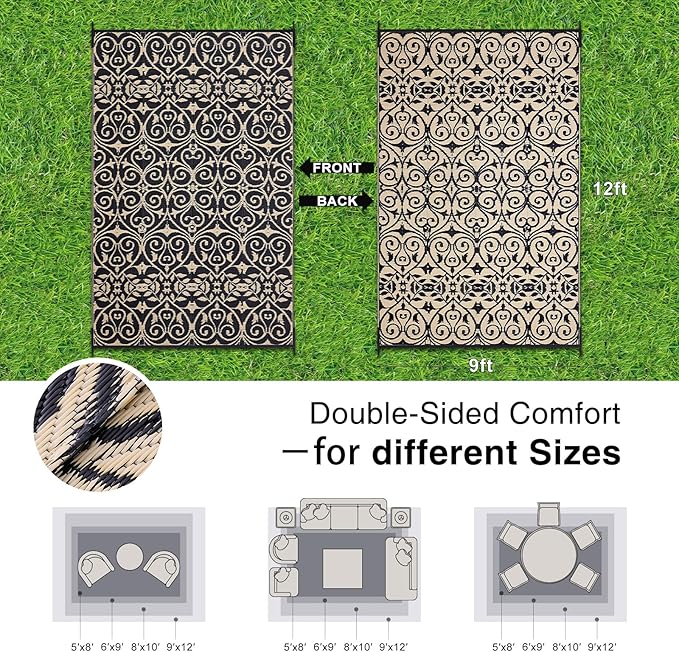 OLANLY Outdoor Rug Waterproof 9x12 ft Clearance, Reversible Outdoor Plastic Straw Rug with Floral Pattern, RV Mat for Patio, Camping, Balcony, Deck, Backyard, Black & Beige