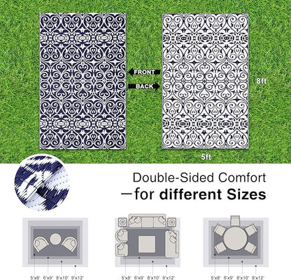 OLANLY Outdoor Rug Waterproof 5x8 ft Clearance, Reversible Outdoor Plastic Straw Rug with Floral Pattern, RV Mat for Patio, Camping, Balcony, Deck, Backyard, Navy & White