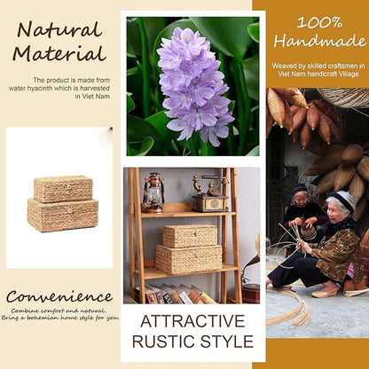 Set of 2 Rectangular Wicker Storage Bins with Lid, Rattan Basket Decorative Boxes, Multipurpose Organizer Display Boxes for Shelf Organizer, Boho Rattan Box for Home Decoration