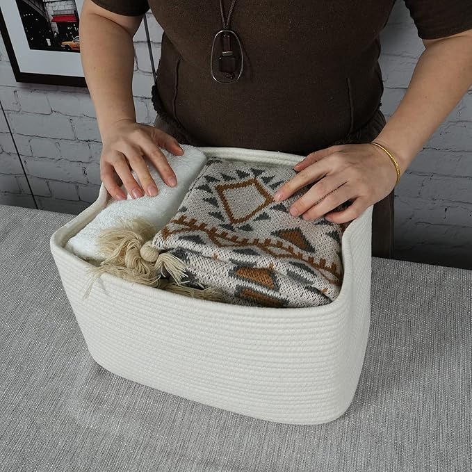 Cotton Rope storage Basket Bins Woven Basket for Organizing Shelves Rectangle Decorative Baskets For storage Clothes Toys Books Towels Square Wicker Nursery basket organizer 3 pack white