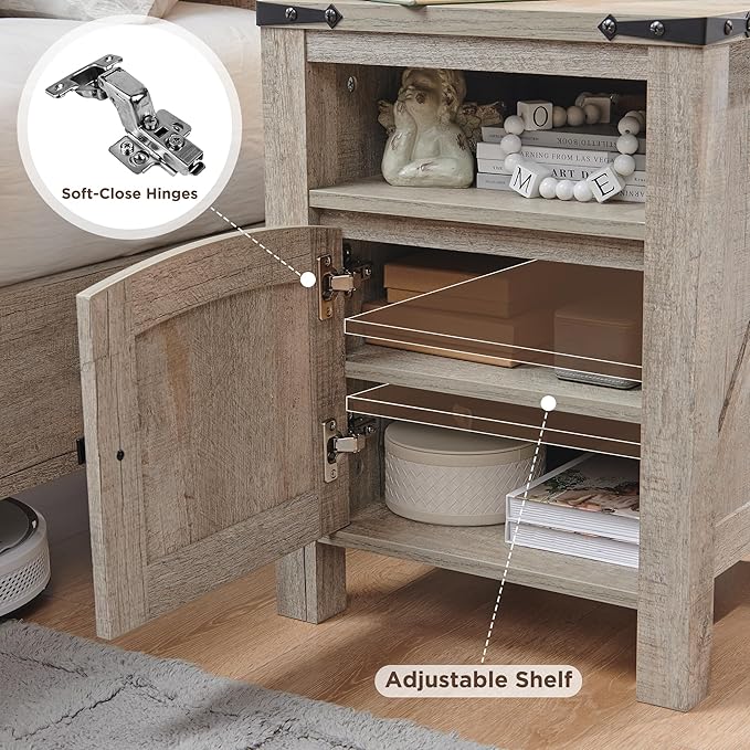 OKD Nightstand with Charging Station Set of 2, 18 Inchs Farmhouse End Table with Adjustable Storage Shelf, Rustic Wood Sofa Side Table for Bedroom