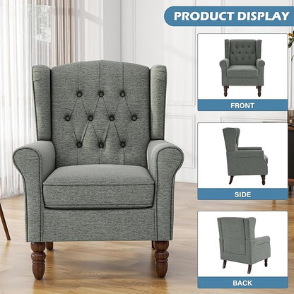 UIXE High Back Accent Chair, Fabric Upholstered Armchair for Living Room, Retro Wingback Arm Chair Comfy Single Sofa Bedroom Reading Seat with Solid Wooden Legs - Gray