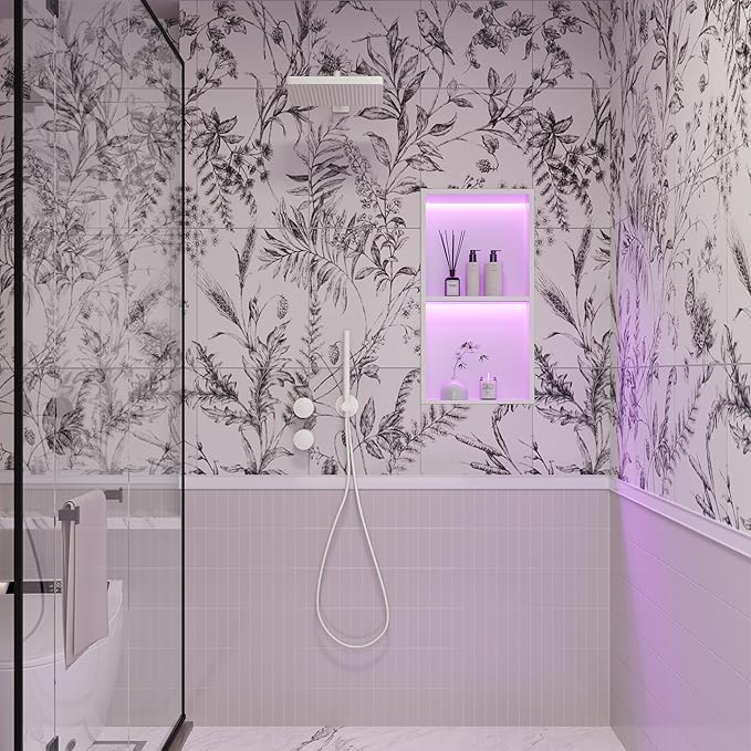 Stainless Steel Shower Niche 12" X 24", No Tile Needed Wall Niche with RGB Led Light, Recessed Shower Shelf for Bathroom Storage Over Mount Installation, Matte White