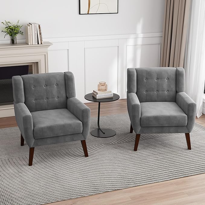 UIXE Accent Chair, Velvet Upholstered Armchair for Living Room, Modern Club Arm Chairs Comfy Single Sofa Button Tufted Bedroom Reading Seat - Gray, Set of 1