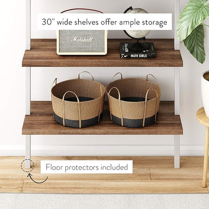 Nathan James Theo 6-Shelf Tall Bookcase, Wall Mount Bookshelf with Natural Wood Finish and Industrial Metal Frame, Rustic Oak/White, Set of 2