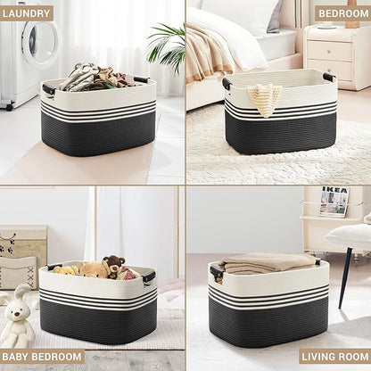 86L Extra Large Laundry Basket with Leather Handles for Living Room Storage, Woven Rope Baskets for Blanket, Kids Toy, Gifts, Wicker Hamper for Bedroom Dirty Clothes, 24"x16"x14" White Black