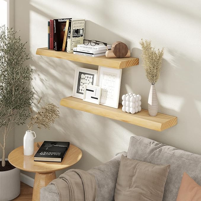 RICHFOCUS Live Edge Wood Floating Shelves for Wall 36" Natural Solid Wood Wall Mounted Shelf|8 Inch Deep Wooden Floating Shelves with Invisible Bracket for Bathroom Kitchen Room|2Pcs, Natural