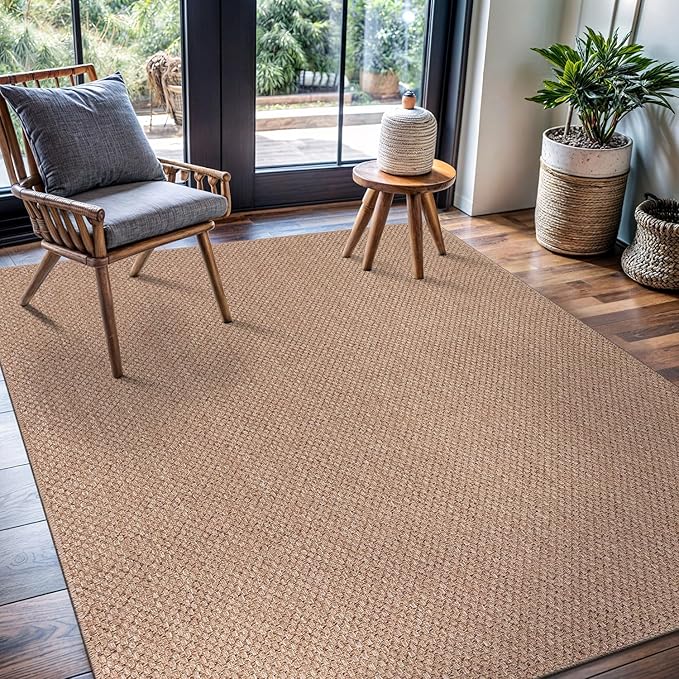 CAMILSON Easy Jute Rug 8x10, Indoor Outdoor Natural Color Farmhouse Area Rugs for Living Room Patio and Kitchen Rug, Solid Boho Woven Design, Easy-Cleaning, Washable Outside Carpet Alfombras (8 x 10)