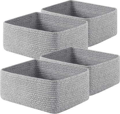 OIAHOMY 4 Pack 14.17*11.02*6.3IN Storage Baskets for Organizing Shelves, Woven Rope Baskets for Organizing Books, Clothes, Decorative Basket for Living Room, Nursery, Bedroom, Gift Basket, Grey