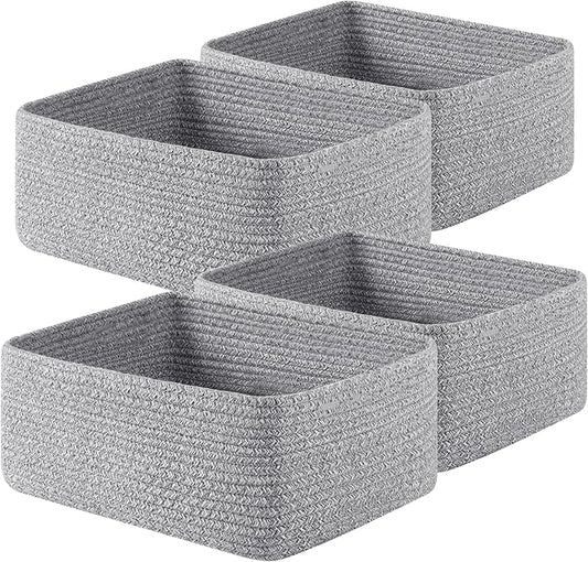 OIAHOMY 4 Pack 14.17*11.02*6.3IN Storage Baskets for Organizing Shelves, Woven Rope Baskets for Organizing Books, Clothes, Decorative Basket for Living Room, Nursery, Bedroom, Gift Basket, Grey