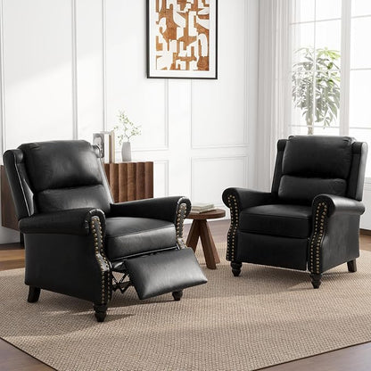 UIXE Pushback Recliner Chairs Set of 2, PU Leather Armchair Push Back Accent Chair, Rivet Trim Club Chair Home Theater Overstuffed Single Sofa Reading Seat for Living Room, Black