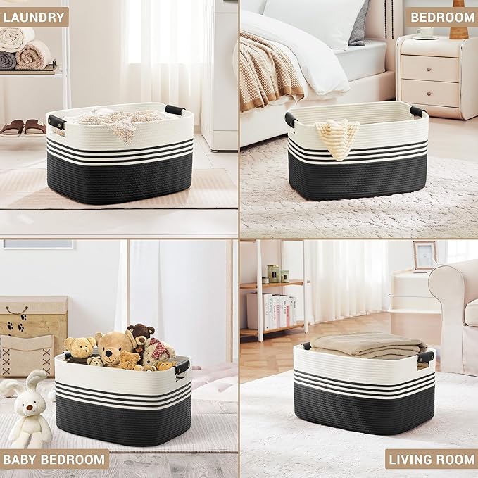 72L Large Laundry Basket with Leather Handles for Living Room Storage, Woven Rope Baskets Bin for Blanket, Kids Toy, Gifts, Wicker Hamper for Bedroom Dirty Clothes, 22"x17"x12" White Black