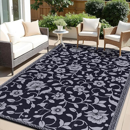 OLANLY Waterproof Outdoor Rug 6x9 ft, Outdoor Plastic Straw Rug with Flower Pattern, Reversible RV Mat for Patio, Camping, Balcony, Deck, Backyard, Black & Grey