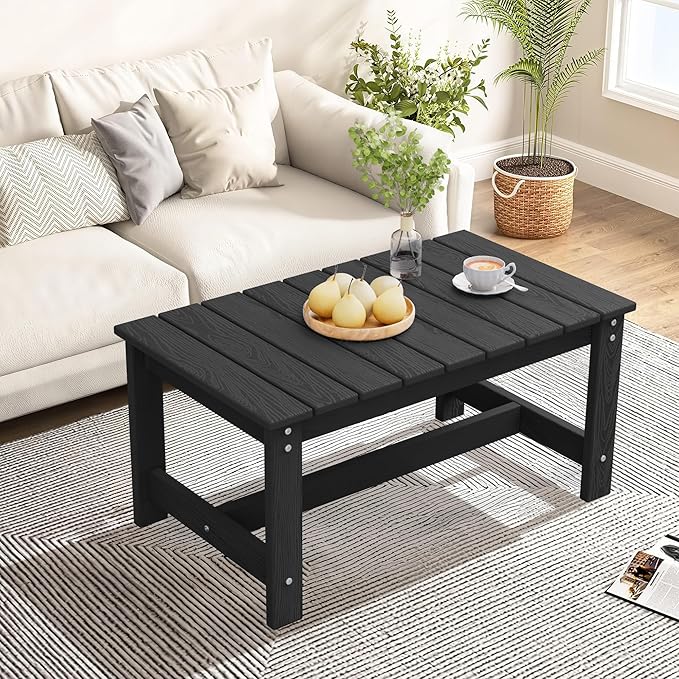 SERWALL Outdoor Coffee Table, HDPE Patio Coffee Table for Outside, Rectangle, Black