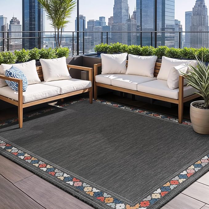 Beverly Rug Outdoor Rug 9x12 Modern Bordered Large Area Rugs for Indoor and Outdoor Patio Easy to Clean Non Shedding Living Room Porch Garden Washable Outside Carpet (9 x 12 Dark Gray)