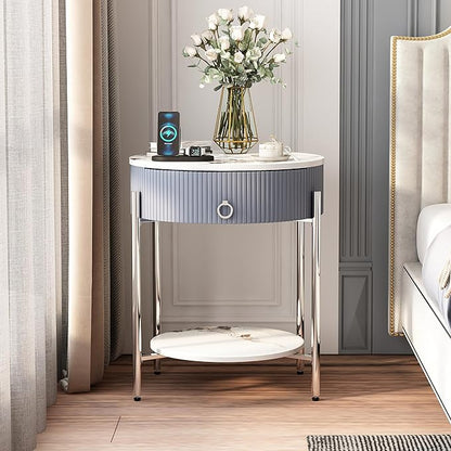 OIOG Round Side Table with Drawer, Modern Nightstand with Shelf and Chrome Finish Metal Legs, 2 Tier End Table for Living Room, Bedroom, Office, Marbling Natural Stone/Silver
