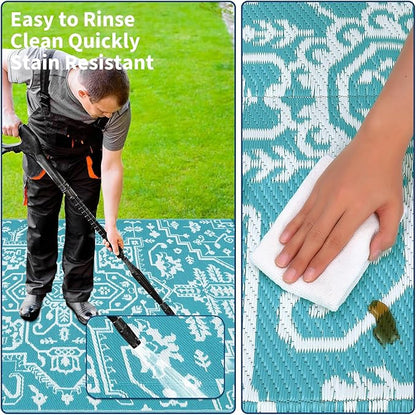 Outdoor Rug 8x10 Waterproof Reversible Plastic Straw Mat, UV-Resistant Vintage Medallion Camping Carpet for Patio, Deck, Balcony, Picnic, Large Outside Floor Mat, Light Blue/White