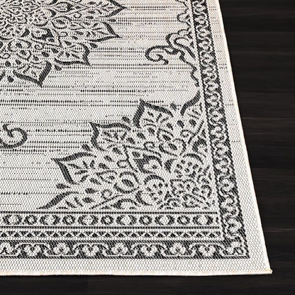 CAMILSON Outdoor Rug, 8x10 Medallion White Black Modern Area Rugs for Indoor and Outdoor Patios, Kitchen and Hallway Mats, Washable Porch Deck Outside Carpet (Medallion White, 8 x 10)