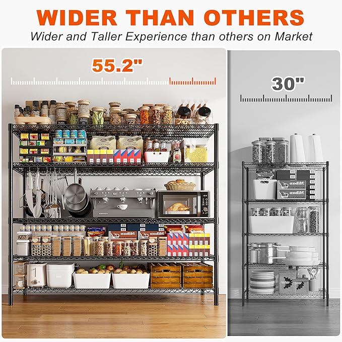 REIBII 85.7"H Storage Shelves 2998LBS Metal Shelving Units with Wheels&Feet, 5 Tier Garage Shelving Heavy Duty Adjustable Wire Shelf for Pantry Garage Commercial Industrials, 85.7"H X 55.5"W X 24.2"D