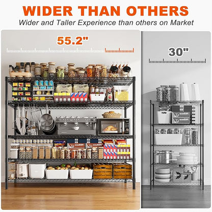 REIBII 85.7" H Storage Shelves 2998LBS Metal Shelving Unit with Wheels & Feet, 5 Tier Garage Shelving Heavy Duty Adjustable Wire Shelf for Pantry Kitchen Garage, 85.7" H X 55.5" W X 24.2" D, 2PCS