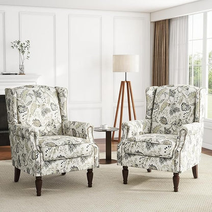 UIXE High Back Floral Accent Chairs Set of 2, Upholstered Armchair in Fabric, Retro Printed Wingback Arm Chair for Living Room, Nailhead Trim Single Sofa Bedroom Reading Seat - Plants Beige