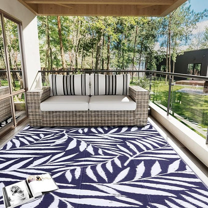 OLANLY Waterproof Outdoor Rug 9x12 ft, Reversible Outdoor Plastic Straw Rug with Leaf Pattern, RV Mat, Indoor Outdoor Carpet for Patio, Camping, Balcony, Deck, Backyard, Navy & White