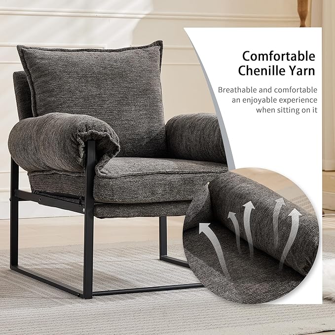 YISHENG Accent Chair with 6-Angle Adjustable Backrest, Chenille Fabric Living Room Chair Upholstered Lounge Chair, Modern Chair Cozy Reclining Chair for Reading Room, 1PC Gray