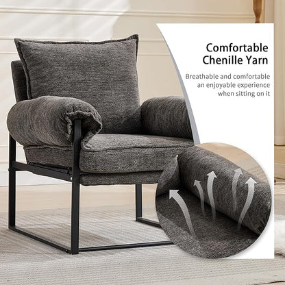 YISHENG Accent Chair with 6-Angle Adjustable Backrest, Chenille Fabric Living Room Chair Upholstered Lounge Chair, Modern Chair Cozy Reclining Chair for Reading Room, 1PC Gray