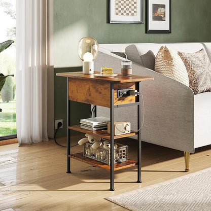 WLIVE End Table with Charging Station, Flip Top Side Table with Storage Shelf, Sofa Couch Table with USB Ports and Outlets, Narrow Bedside Table for Living Room, Bedroom Nightstand, Rustic Brown