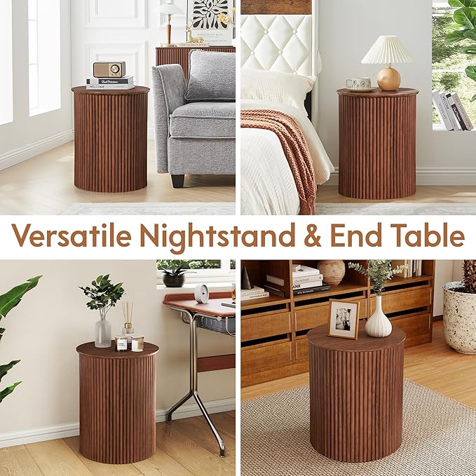 AVZEAR Fluted Round Side Table Small Mid Century End Table, 17.7" Fluted Nightstands Modern Circle Bedside Tables, Wood Night Stand for Small Spaces, Living Room, Bedroom (Rustic Walnut)
