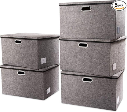 PRANDOM Extra Large Collapsible Storage Bins with Lids [5-Pack] Linen Fabric Foldable Storage Baskets Boxes Organizer Containers Cube with Cover for Bedroom Closet Office Nursery (22.8x15.75x13.8)