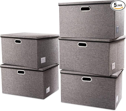 PRANDOM Extra Large Collapsible Storage Bins with Lids [5-Pack] Linen Fabric Foldable Storage Baskets Boxes Organizer Containers Cube with Cover for Bedroom Closet Office Nursery (22.8x15.75x13.8)