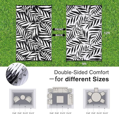 OLANLY Waterproof Outdoor Rug 9x12 ft, Reversible Outdoor Plastic Straw Rug with Leaf Pattern, RV Mat, Indoor Outdoor Carpet for Patio, Camping, Balcony, Deck, Backyard, Black & White
