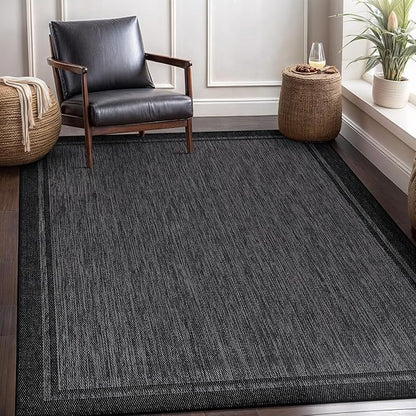 CAMILSON Indoor Outdoor Rug, 10x14 Bordered Dark Grey Black Modern Large Area Rugs for Indoor and Outdoor Patios, Kitchen and Hallway Mats, Washable Porch Deck Outside Carpet (Bordered Black, 10 x 14)