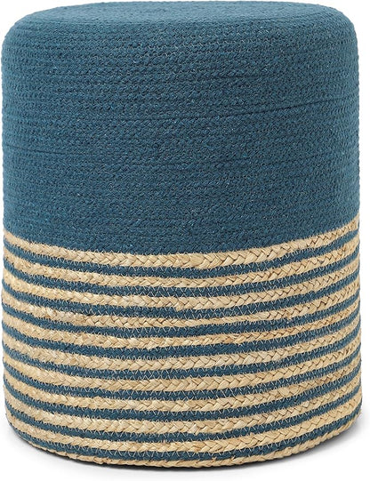 REDEARTH · Cylindrical Pouf Foot Stool Ottoman - Jute Braided Pouffe Poof Accent Sitting Footrest for Living Room, Bedroom, Nursery, Patio, Lounge Set of 2 (Teal Natural, 14.5"x14.5"x16")