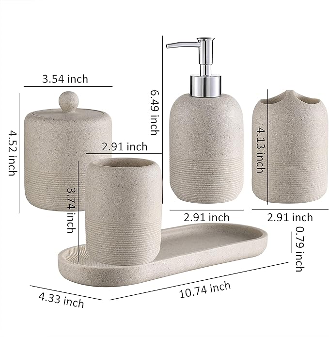 5-Pieces Bathroom Accessory Set Hight Quality Polyresin Ensemble-Lotion Dispenser/Toothbrush Holder/Cotton Jar/Tray/Tumbler Cup, Beige