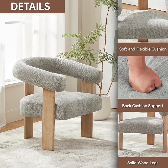 VKNOW Accent Chair Living Room Chair Set of 2, Modern Upholstered Armchair with Solid Wood Legs, Comfy Barrel Arm Chairs for Living Room Bedroom, Light Grey