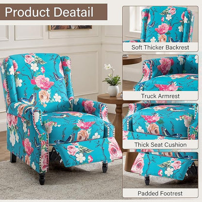 UIXE Floral Pushback Recliner Chairs Set of 2, Fabric Upholstered Armchair Push Back Accent Chair for Living Room, Rivet Trim Club Chair Home Theater Single Sofa Reading Seat - Peacock Blue