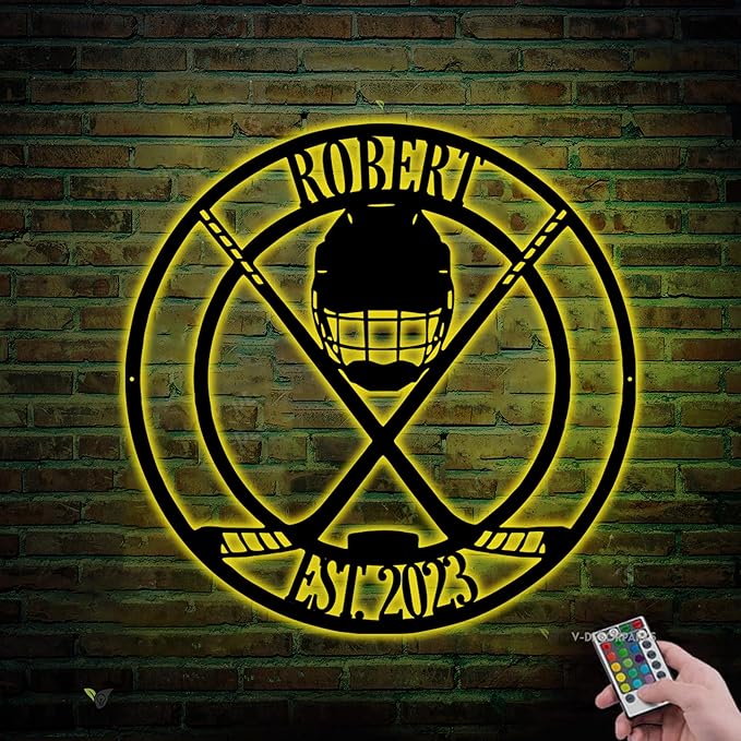 Custom Hockey Medal Holder - Personalized Hockey Wall Sign, Medal Hanger Display Rack with LED Light, Hockey Decor for Boys, Man Cave, Players, Coaches, Fans Gift