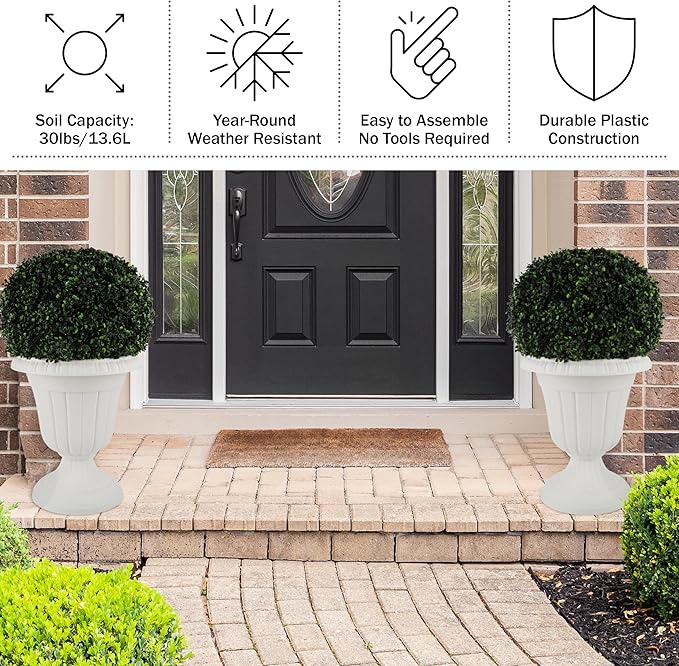 Pure Garden Outdoor Planter 2-Pack - 16x18-Inch Urn Planters - Plastic Plant Pots for Indoor, Outdoor, or Front Porch Decor - Flower Pots (White)