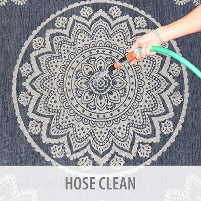 CAMILSON Outdoor Rug 10x14 Modern Area Rugs for Large Indoor and Outdoor Patios and Porches - Waterproof Washable Non-Shedding Easy-to-Clean Outside Carpet (10 x 14, Medallion - Blue/White)