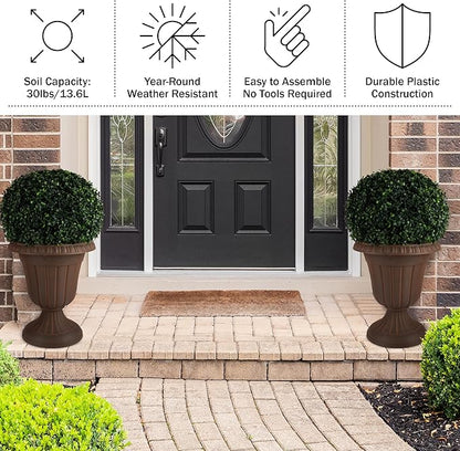Pure Garden Outdoor Planter 2-Pack - 16x18-Inch Urn Planters - Plastic Plant Pots for Indoor, Outdoor, or Front Porch Decor - Flower Pots (Brown)