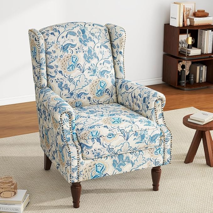 UIXE High Back Floral Accent Chair, Fabric Upholstered Armchair for Living Room, Retro Printed Wingback Arm Chair Nailhead Trim Single Sofa Bedroom Reading Seat - Boho Blue