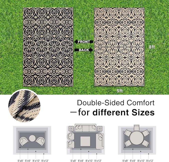 OLANLY Outdoor Rug Waterproof 5x8 ft Clearance, Reversible Outdoor Plastic Straw Rug with Floral Pattern, RV Mat for Patio, Camping, Balcony, Deck, Backyard, Black & Beige