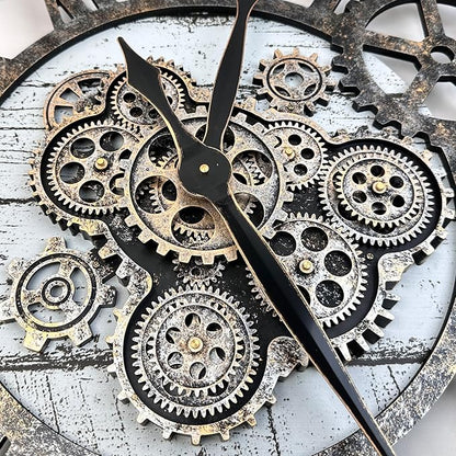The B-Style 36" Large Moving Gear Wall Clock Oversized Vintage Farmhouse Wall Clocks for Living Room Decor Rustic Industrial Wood Clock (Gray White and Bronze Gears)
