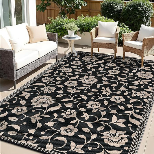 OLANLY Waterproof Outdoor Rug 9x12 ft, Outdoor Plastic Straw Rug with Flower Pattern, Reversible RV Mat for Patio, Camping, Balcony, Deck, Backyard, Black & Beige