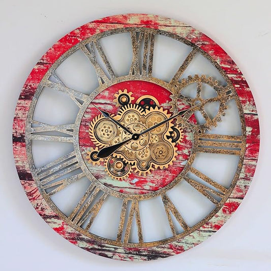 The Gears Clock 36'' Inch Real Moving Gear Wall Clock Vintage Industrial Oversized Rustic Farmhouse (Red Lava)